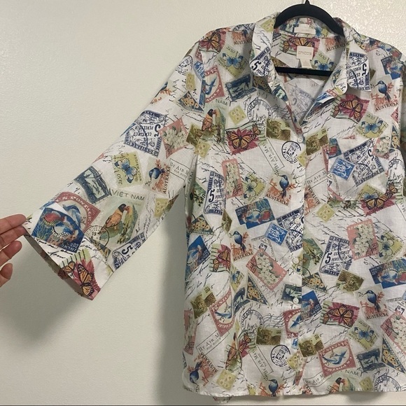 Chicos Shirt Women’s Size XL Stamp travel 100% Linen Non Iron button up Shirt - Picture 2 of 12